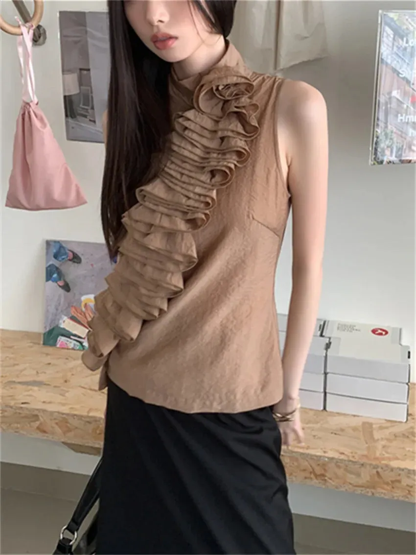 Vevesc  S-L Sleeveless Tank Tops Gentle Women Chic Ruffles Slim Office Wear Lady Mujer Summer New Gentle Sexy Casual