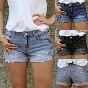 Vintage Ripped Hole Fringe Blue Denim shorts