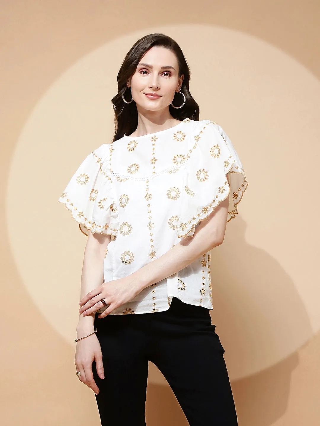 White Cotton Blend Loose Fit Blouson Top For Women