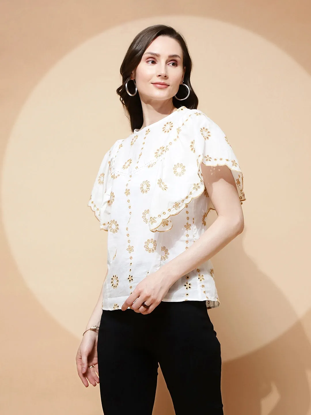 White Cotton Blend Loose Fit Blouson Top For Women