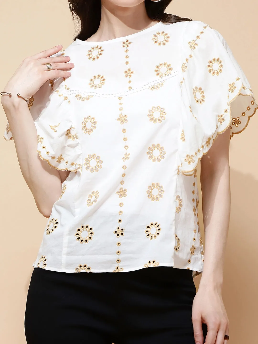 White Cotton Blend Loose Fit Blouson Top For Women