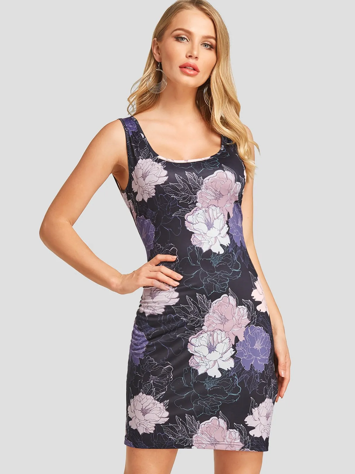 Wholesale Black Round Neck Sleeveless Floral Print Bodycon Dresses