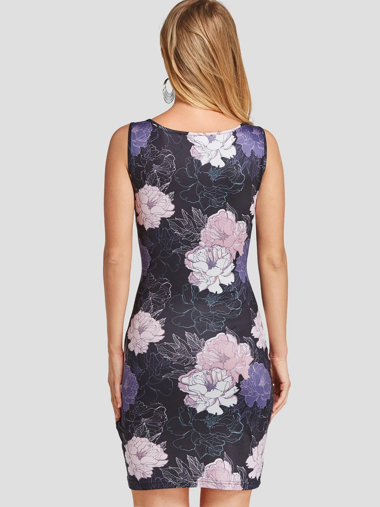 Wholesale Black Round Neck Sleeveless Floral Print Bodycon Dresses