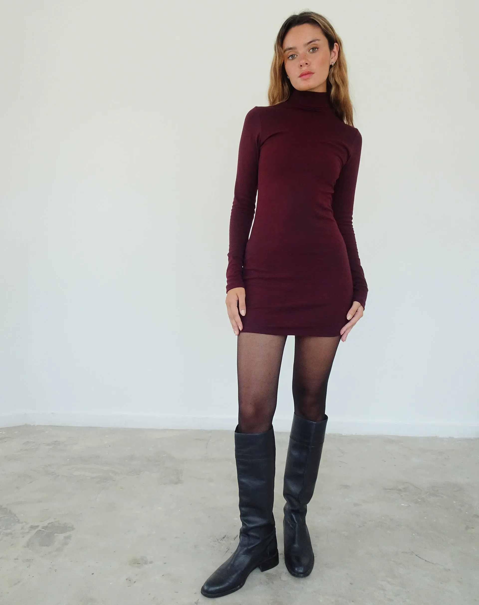 Yrion Turtle Neck  Bodycon Mini Dress in Burgundy